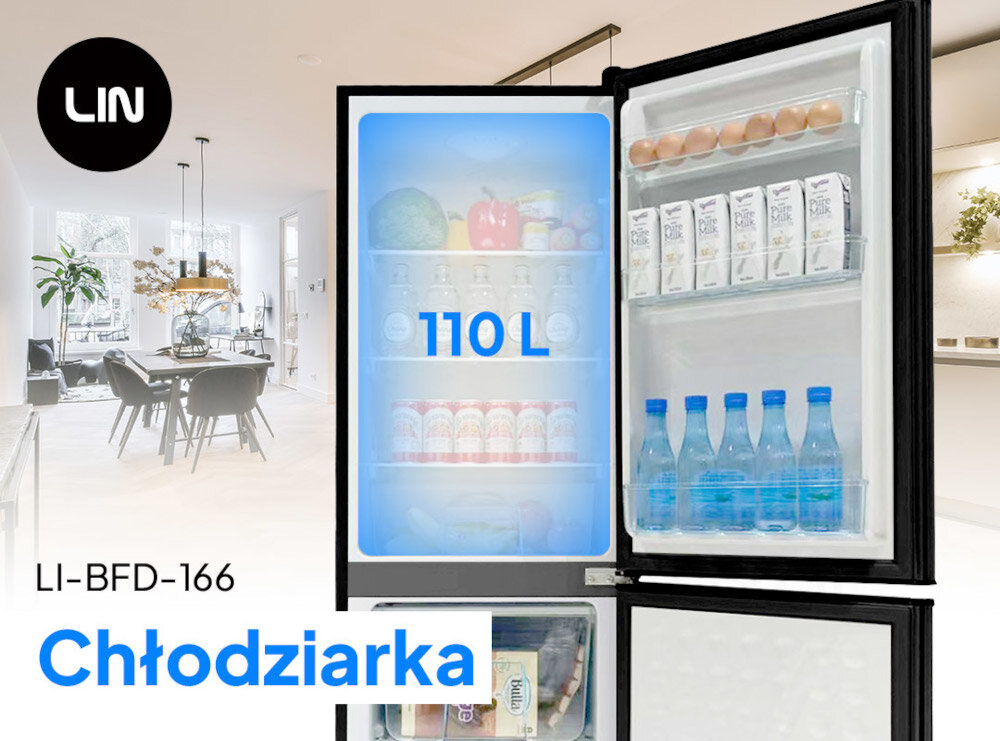 Obraz przedstawia otwartą lodówkę z widocznymi produktami spożywczymi, takimi jak jajka, kartony z napojami i butelki z wodą. Na lodówce widnieje napis \'110L\', a w lewym górnym rogu znajduje się logo \'LIN\'.