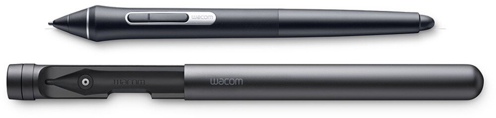 Na obrazie widoczne są dwa czarne pióra cyfrowe z logo \'wacom\'. Jedno z nich jest otwarte, a drugie zamknięte w etui.