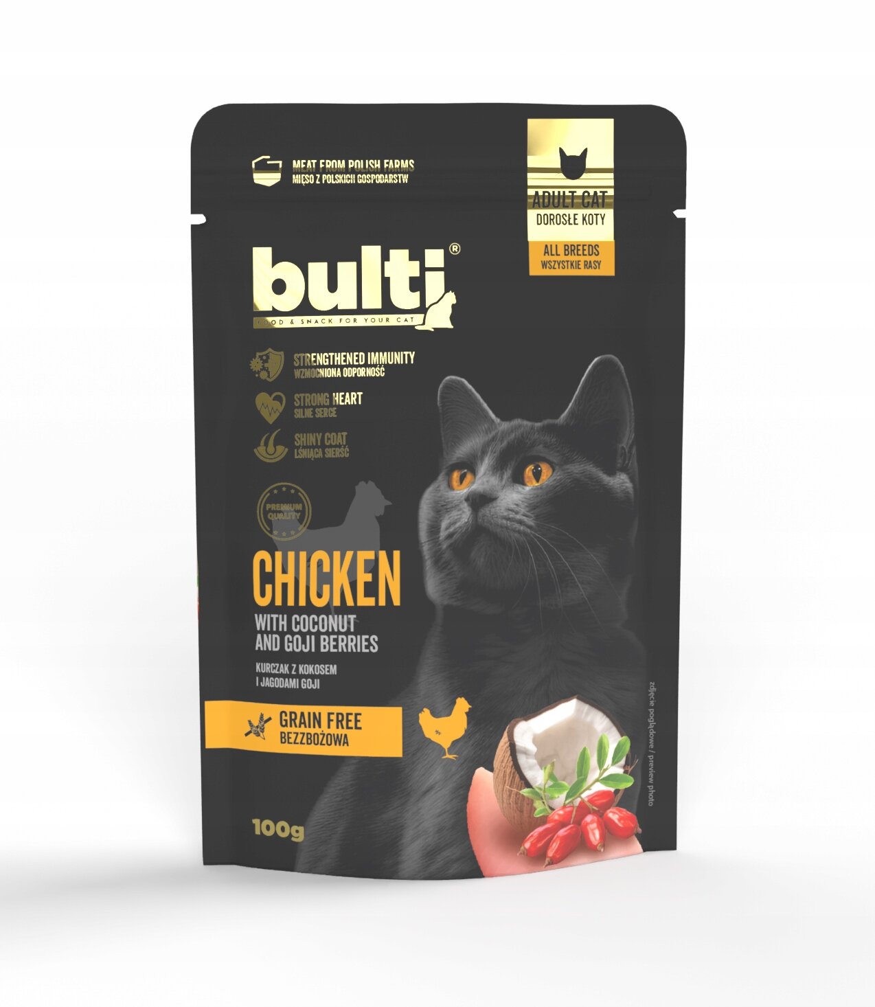 Opakowanie karmy dla kotów marki bulti z wizerunkiem czarnego kota i grafiką kokosa oraz jagód goji. Tekst na opakowaniu: \'CHICKEN WITH COCONUT AND GOJI BERRIES, GRAIN FREE, 100g\'.