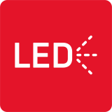 Czerwony kwadrat z białym napisem \'LED\' oraz symbolizowanym światłem po prawej stronie napisu.