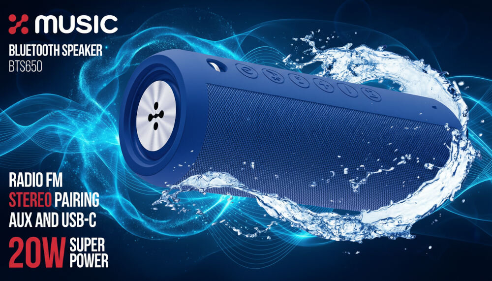 Niebieski głośnik mobilny z widocznymi przyciskami na górze, otoczony efektami wodnymi. Tekst na obrazie: \'MUSIC Bluetooth Speaker BTS650, Radio FM, Stereo Pairing, AUX and USB-C, 20W Super Power\'.