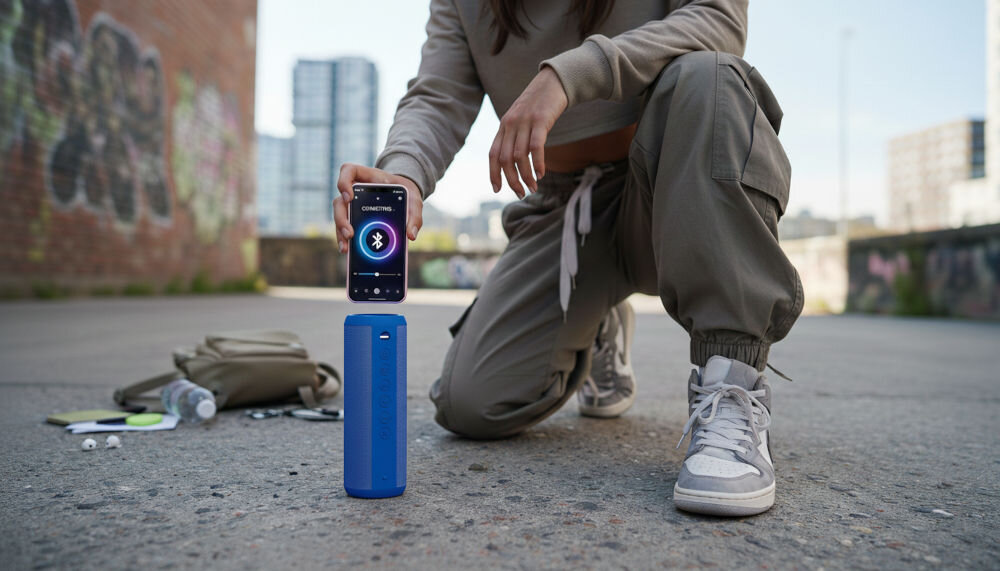 Osoba klęczy na betonowej powierzchni, trzymając smartfon z widocznym symbolem Bluetooth nad niebieskim głośnikiem przenośnym. W tle widać graffiti na ścianie i rozmyte budynki.