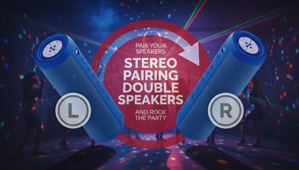 Na obrazie znajdują się dwa niebieskie głośniki mobilne z oznaczeniami L i R, otoczone kolorowymi światłami. W centrum widoczny jest tekst: \'PAIR YOUR SPEAKERS STEREO PAIRING DOUBLE SPEAKERS AND ROCK THE PARTY\'.