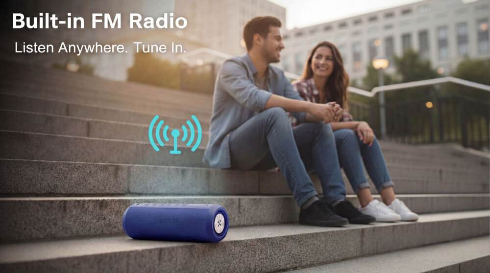 Na schodach znajduje się niebieski głośnik przenośny. Obok widoczny jest napis: \'Built-in FM Radio Listen Anywhere. Tune In.\'