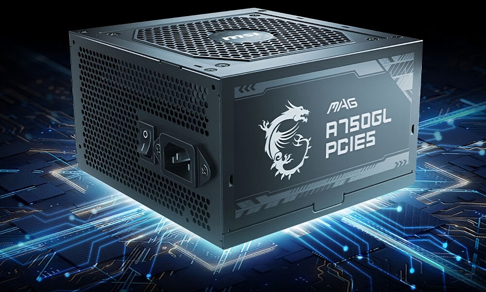 Na obrazie widoczny jest zasilacz komputerowy z napisem \'MAG A750GL PCIE5\' oraz logo przedstawiającym smoka. Tło obrazu jest futurystyczne, z niebieskimi wzorami przypominającymi obwody elektroniczne.