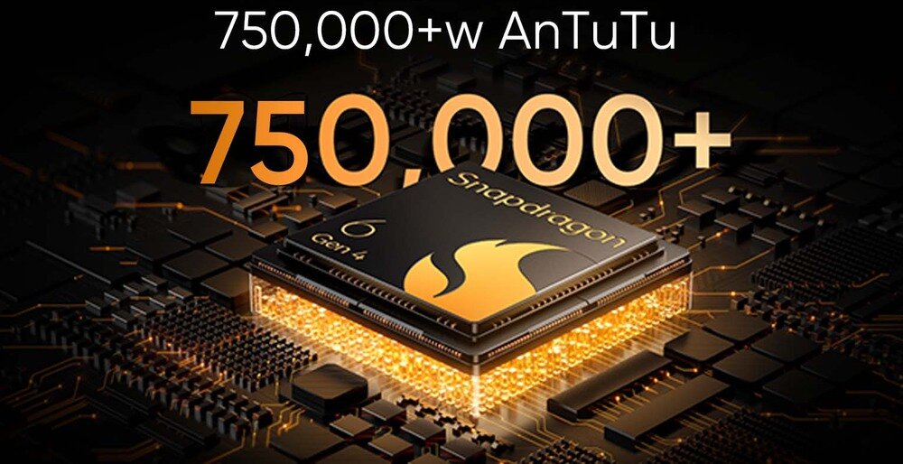 Obraz przedstawia procesor z napisem \'Snapdragon 6 Gen 4\' na tle układu scalonego. Na górze widoczny jest tekst \'750,000+w AnTuTu\' oraz \'750,000+\'.