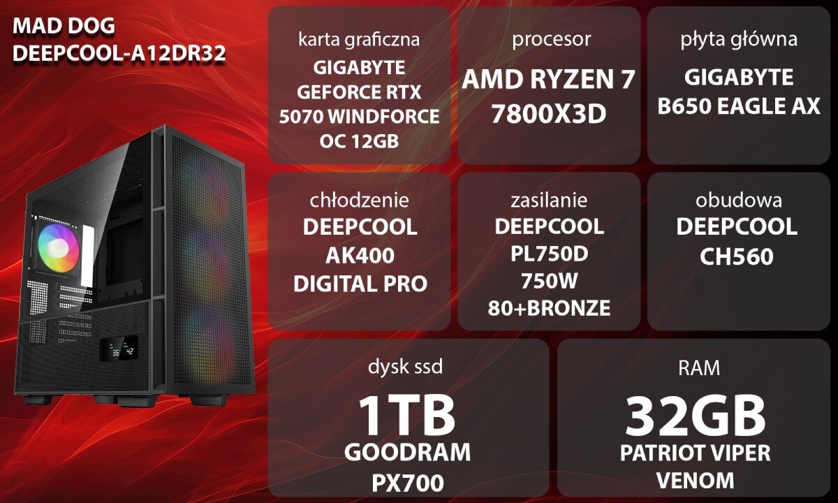 Obraz przedstawia komputer z obudową DEEPCOOL CH560 oraz specyfikację techniczną: karta graficzna GIGABYTE GeForce RTX 5070 Windforce OC 12GB, procesor AMD Ryzen 7 7800X3D, płyta główna GIGABYTE B650 Eagle AX, chłodzenie DEEPCOOL AK400 Digital Pro, zasilanie DEEPCOOL PL750D 750W 80+Bronze, dysk SSD 1TB GOODRAM PX700, RAM 32GB Patriot Viper Venom.