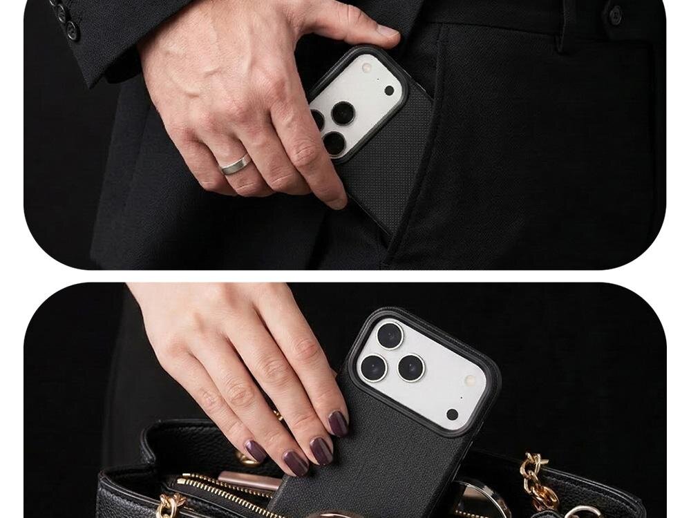Na górnym zdjęciu osoba wkłada telefon w czarnym etui do kieszeni spodni. Na dolnym zdjęciu osoba wkłada telefon w czarnym etui do torebki.