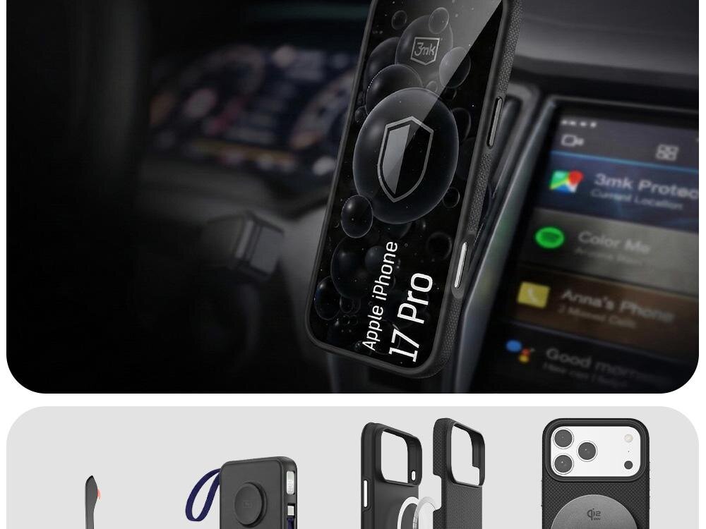Na górnym zdjęciu widać telefon w etui z napisem \'Apple iPhone 17 Pro\' zamocowany w samochodzie. Na dolnym zdjęciu przedstawiono różne ujęcia czarnego etui z okrągłym elementem na tylnej części.