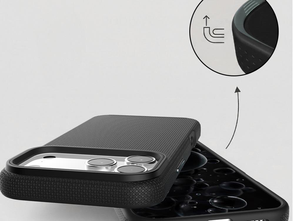 Czarne etui na telefon z teksturowaną powierzchnią, pokazane w dwóch ujęciach: z przodu i z boku. W okrągłym powiększeniu widoczny jest szczegół konstrukcji narożnika z oznaczeniem strzałki i symbolu ochrony.