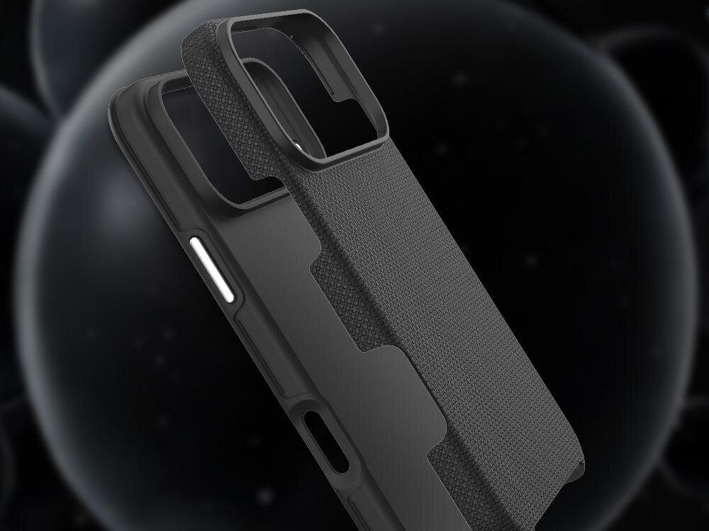 Czarne etui na telefon z teksturowaną powierzchnią i wycięciami na aparat oraz przyciski. Tło jest ciemne z rozmytymi okręgami.