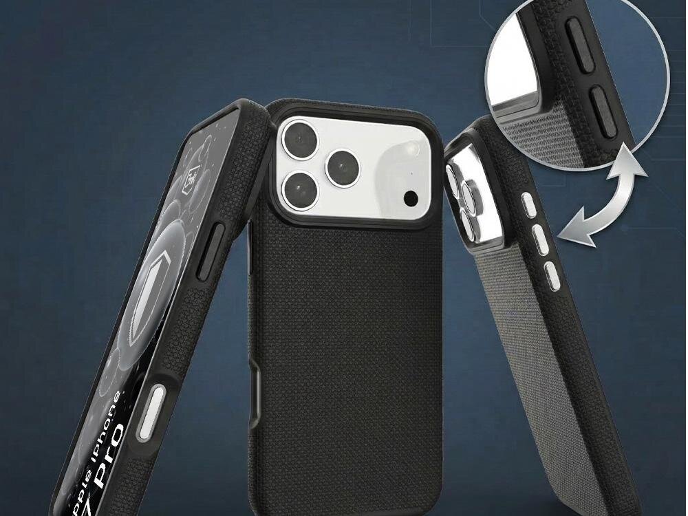 Obraz przedstawia czarne etui na telefon z trzema widocznymi aparatami. Widać również zbliżenie na przyciski boczne etui.
