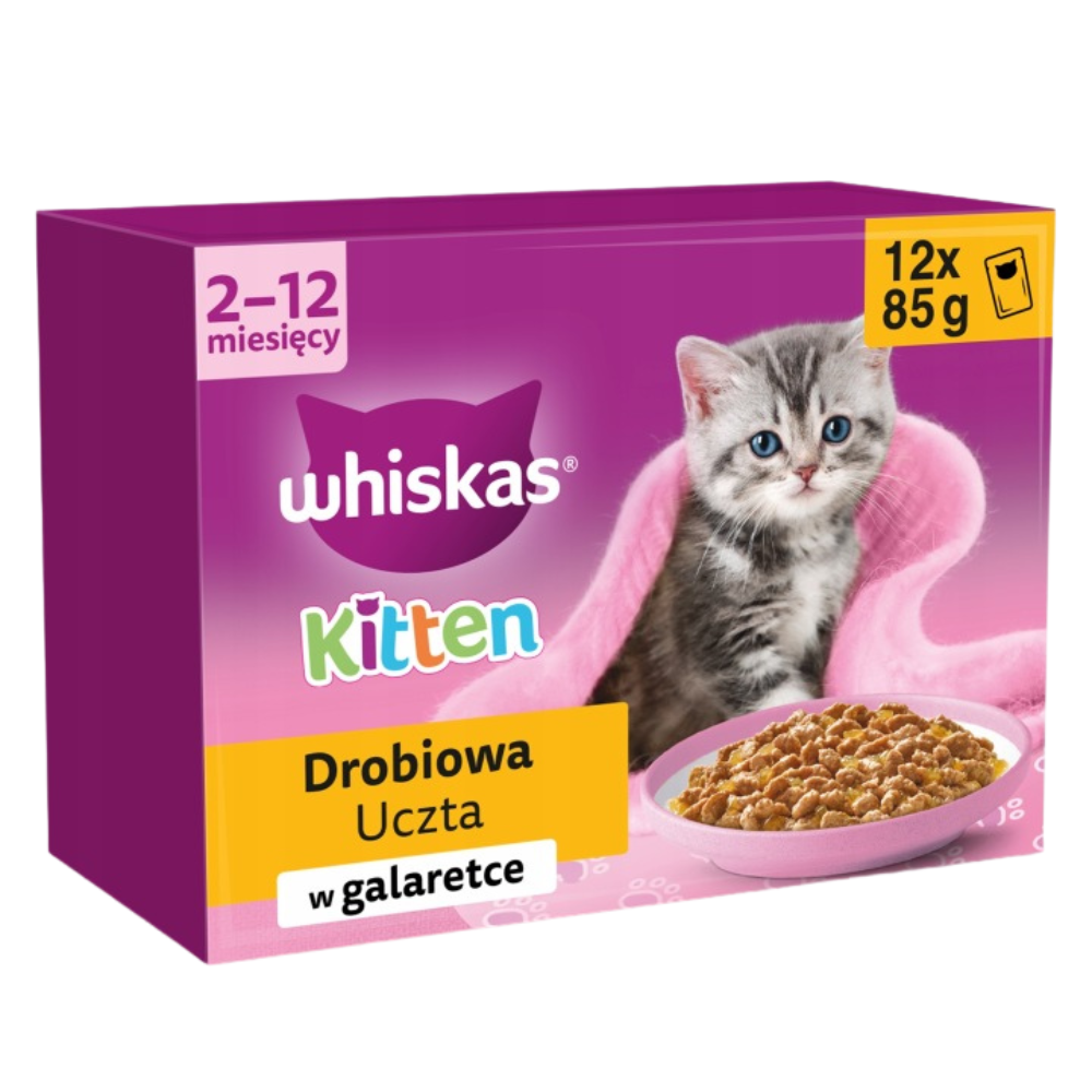 Opakowanie mokrej karmy dla kociąt Whiskas Junior z wizerunkiem kota i różowym kocem. Na opakowaniu widnieje tekst: \'2-12 miesięcy\', \'whiskas Kitten\', \'Drobiowa Uczta w galaretce\', \'12x85 g\'.