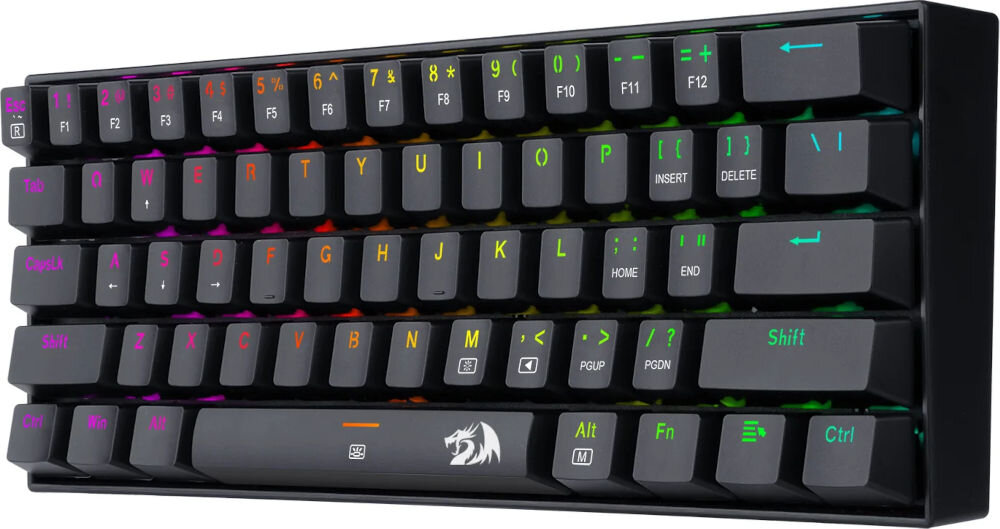 Klawiatura mechaniczna z podświetleniem RGB, posiadająca kompaktowy układ klawiszy. Na spacji widoczne jest logo smoka.