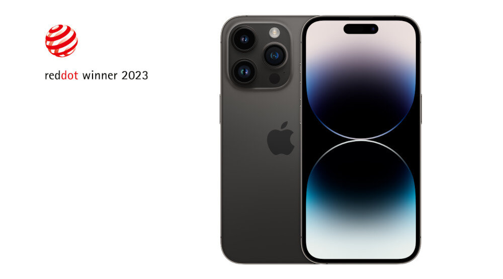 Na obrazie widoczny jest smartfon z trzema aparatami z tyłu i ekranem z wyświetlonym gradientem. Obok znajduje się logo z napisem \'reddot winner 2023\'.