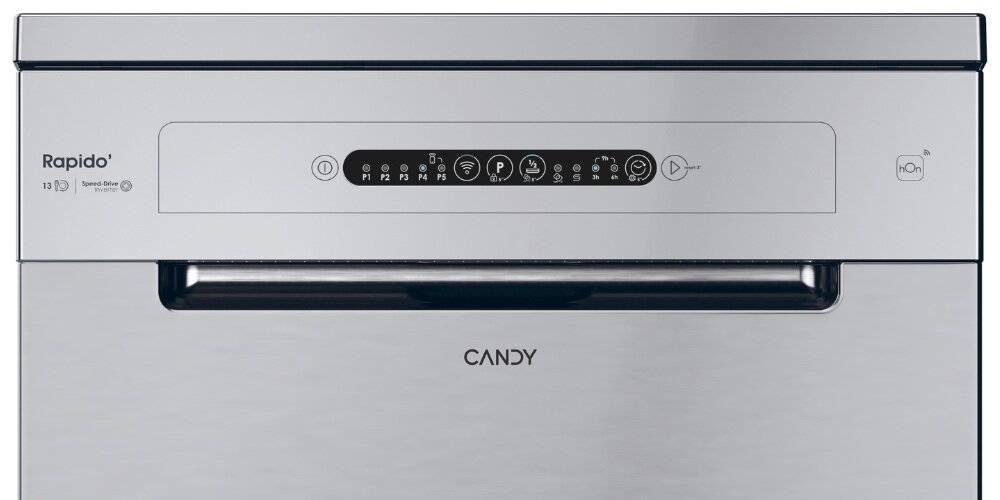 Zmywarka CANDY z panelem sterowania z ikonami i przyciskami, logo \'Rapido\' i \'CANDY\' widoczne na froncie. Obok panelu znajduje się napis \'hOn\'.