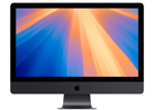 Monitor komputerowy z czarną ramką, wyświetlający kolorowy gradient w odcieniach pomarańczowego i niebieskiego. Na dolnej ramce widoczne jest logo w kształcie nadgryzionego jabłka.