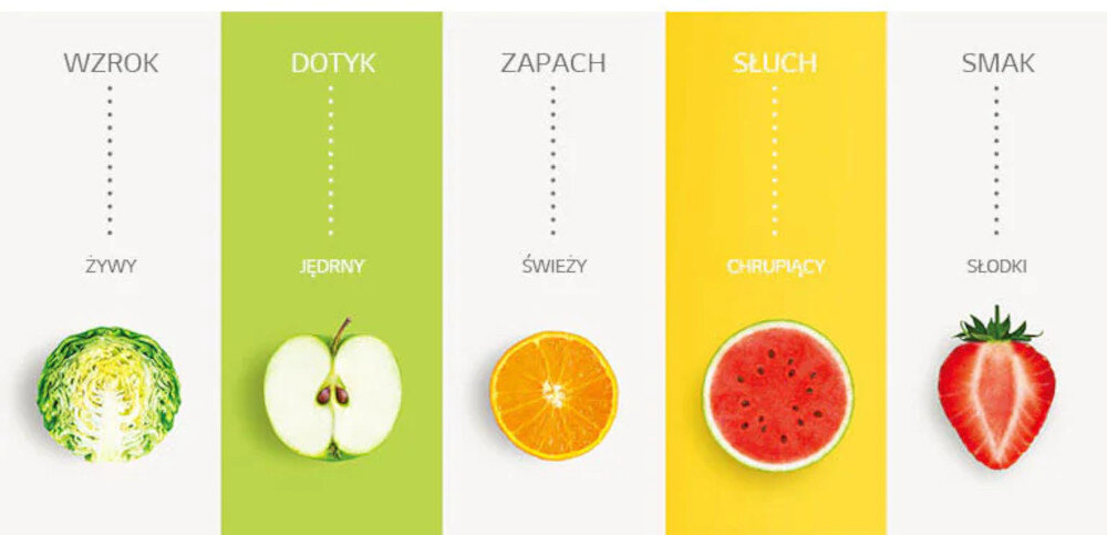 Grafika przedstawia pięć kolumn z owocami i warzywami, każda z podpisem: \'WZROK ŻYWY\' z kapustą, \'DOTYK JĘDRNY\' z jabłkiem, \'ZAPACH ŚWIEŻY\' z pomarańczą, \'SŁUCH CHRUPIĄCY\' z arbuzem, \'SMAK SŁODKI\' z truskawką.