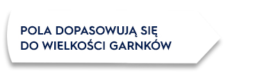 Na obrazie znajduje się biały kształt z tekstem: \'POLA DOPASOWUJĄ SIĘ DO WIELKOŚCI GARNKÓW\'.
