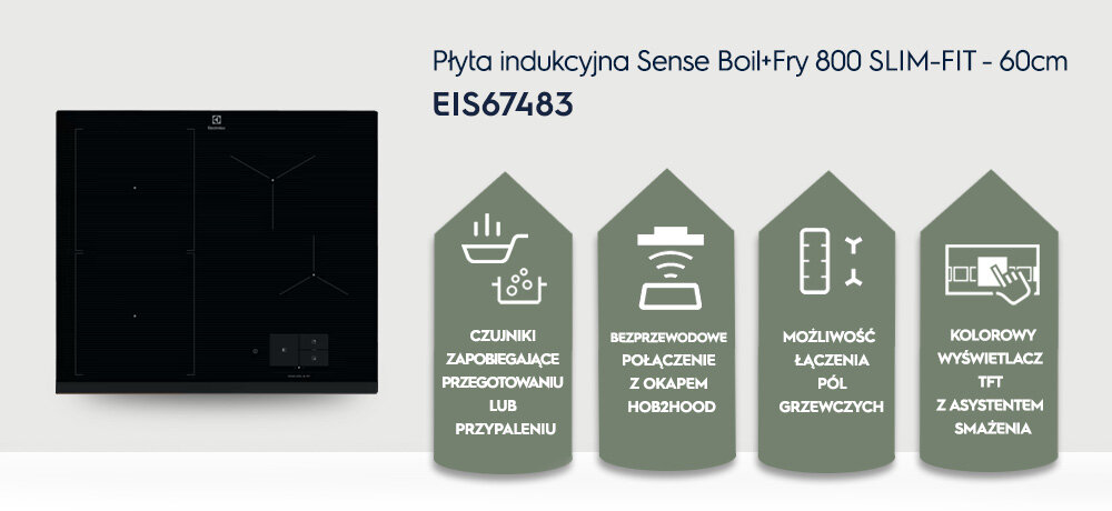 Obraz przedstawia płytę indukcyjną z czterema polami grzewczymi oraz panelem dotykowym. Obok znajdują się ikony z opisami: \'Czujniki zapobiegające przegotowaniu lub przypaleniu\', \'Bezprzewodowe połączenie z okapem Hob2Hood\', \'Możliwość łączenia pól grzewczych\', \'Kolorowy wyświetlacz TFT z asystentem smażenia\'.