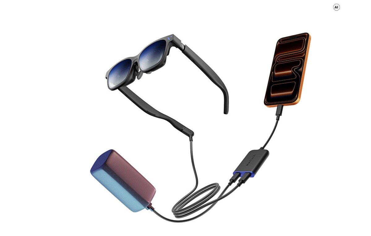 Sekcja o wszechstronnym wykorzystaniu: Okulary Viture XR podłączone przewodami do adaptera, smartfona i akumulatora.
