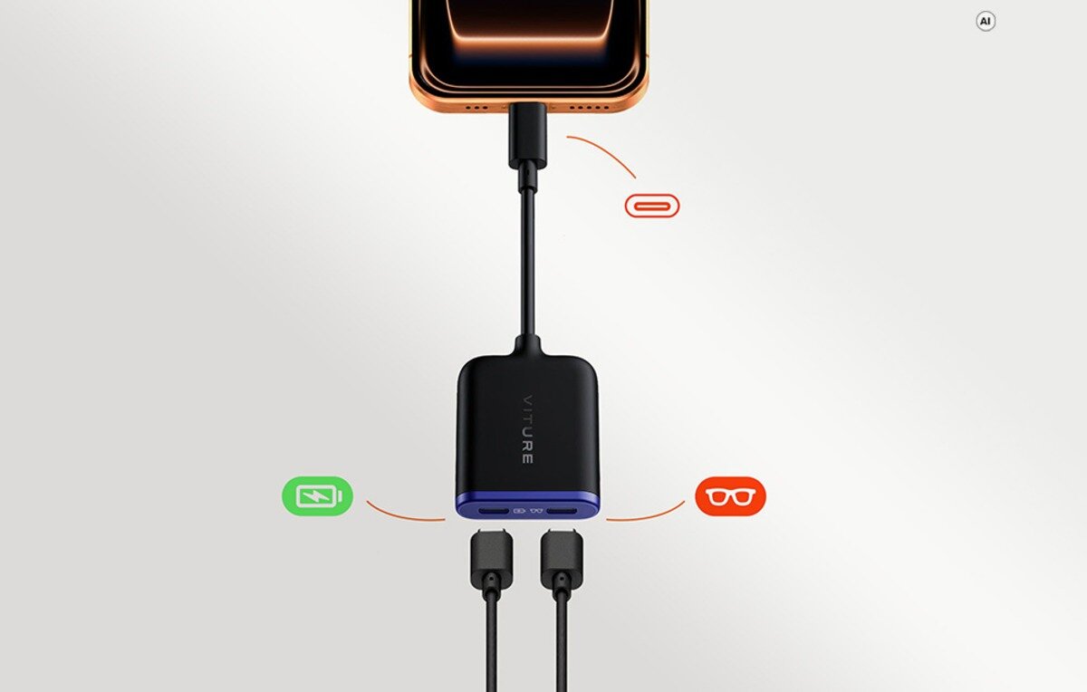 Sekcja dla graczy i konsol przenośnych: Adapter Viture USB-C podłączony do smartfona oraz dwóch kabli z ikonkami baterii i okularów.