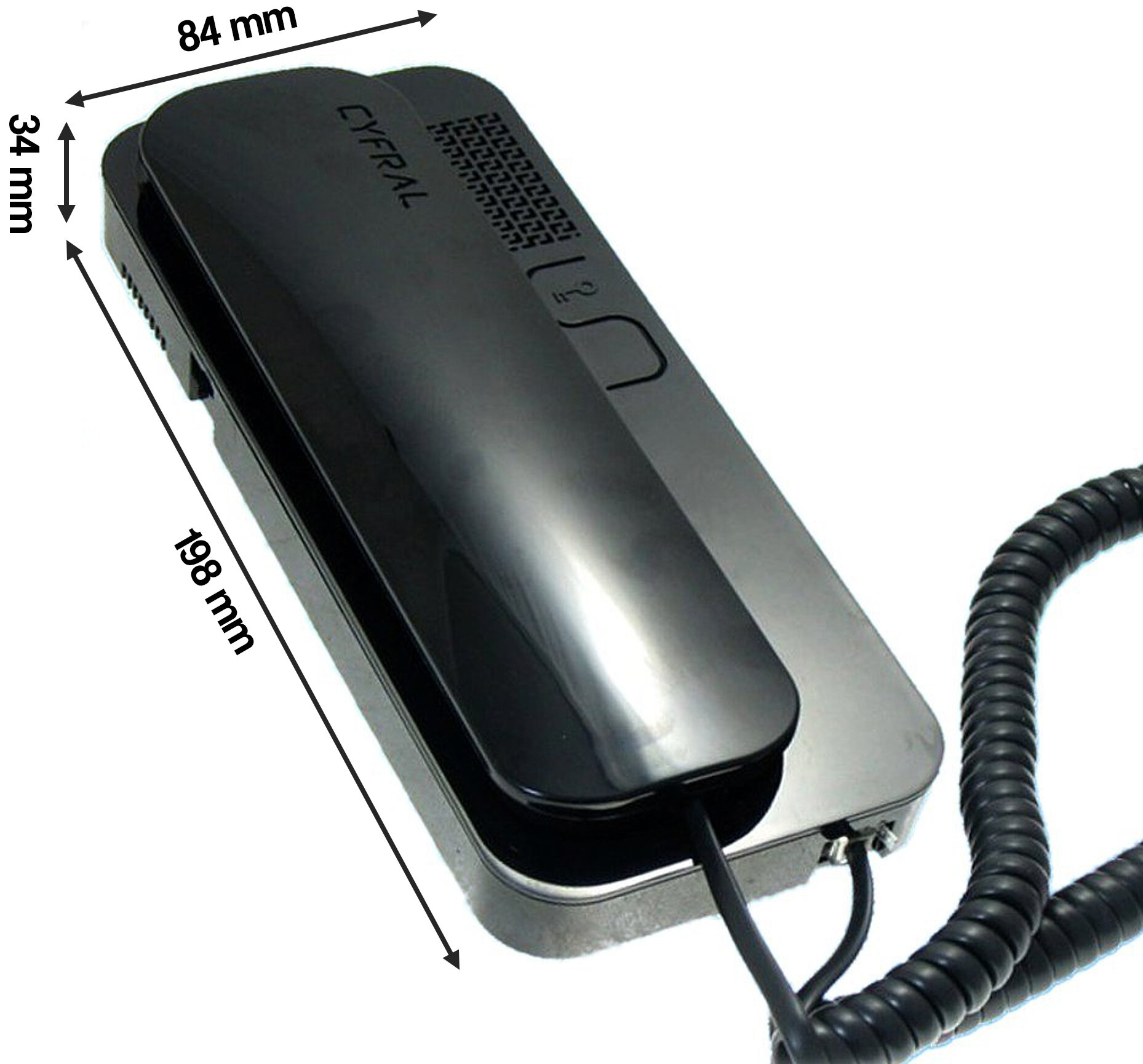 Czarny unifon z logo \'CYFRAL\' i wymiarami: 198 mm długości, 84 mm szerokości, 34 mm wysokości. Urządzenie posiada spiralny kabel i dwa przyciski na obudowie.