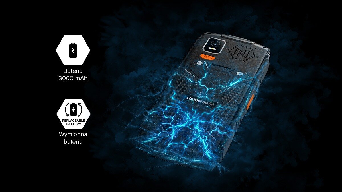 Obraz przedstawia czarny telefon z widocznym logo HAMMER, otoczony niebieskimi błyskawicami. Po lewej stronie znajdują się ikony z tekstem: \'Bateria 3000 mAh\' oraz \'Wymienna bateria\'.