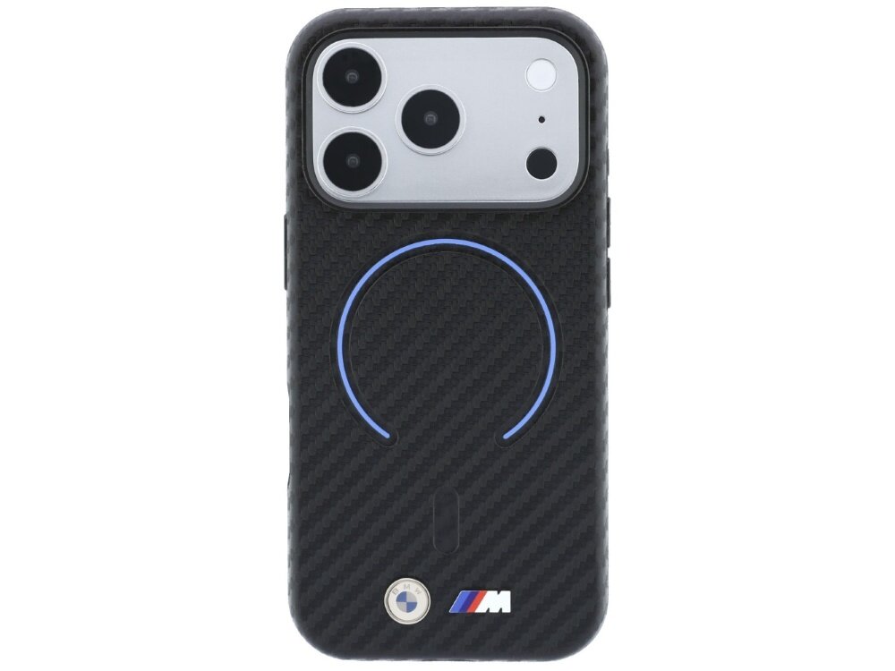 Czarne etui z włókna węglowego z okrągłym wzorem i logo BMW M na dole. Widoczne są trzy obiektywy aparatu telefonu oraz logo producenta.