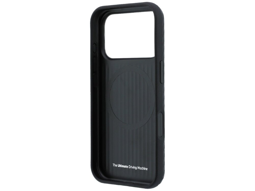 Czarne etui na telefon z dużym otworem na aparat i tekstem \'The Ultimate Driving Machine\' na dole. Wewnątrz widoczny jest okrągły wzór, prawdopodobnie miejsce na MagSafe.