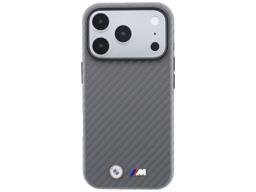 Szare etui na telefon z teksturą przypominającą włókno węglowe, z trzema otworami na aparaty. Na dole widoczne jest logo \'M\' w kolorach niebieskim, fioletowym i czerwonym oraz okrągłe logo z niebieskim i białym elementem.