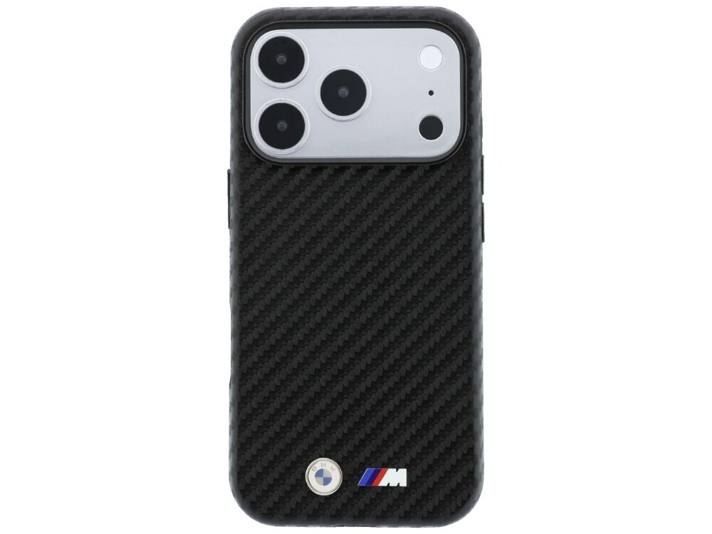 Czarne etui z teksturą karbonową, z trzema otworami na aparaty i logo BMW M na dole.