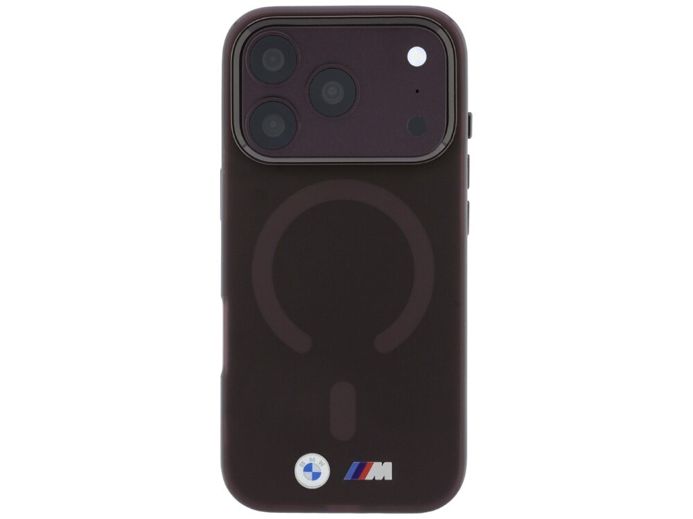 Bordowe etui na telefon z trzema widocznymi obiektywami aparatu i okrągłym wzorem MagSafe. Na dole znajduje się logo BMW oraz kolorowe logo M.