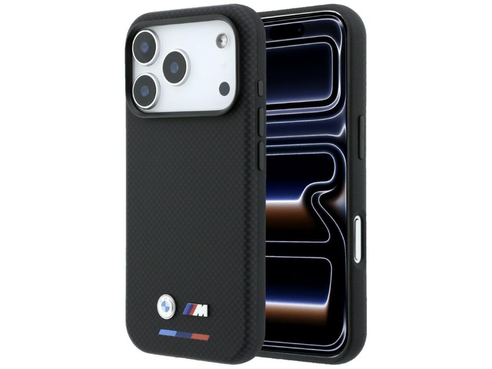 Czarne etui z teksturą kevlaru, z logo M i kolorowymi paskami, przeznaczone do telefonu z trzema aparatami. Widoczny jest również ekran telefonu z abstrakcyjnym wzorem.
