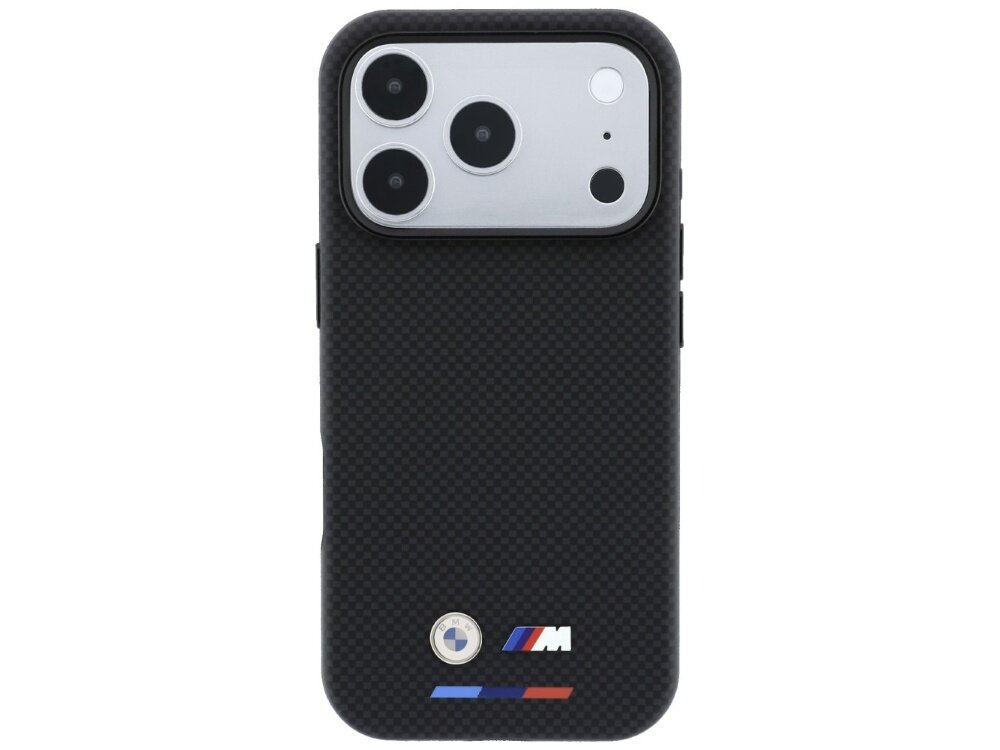 Czarne etui z teksturą kevlaru, z trzema otworami na aparaty i logo BMW M w kolorach niebieskim, granatowym i czerwonym.