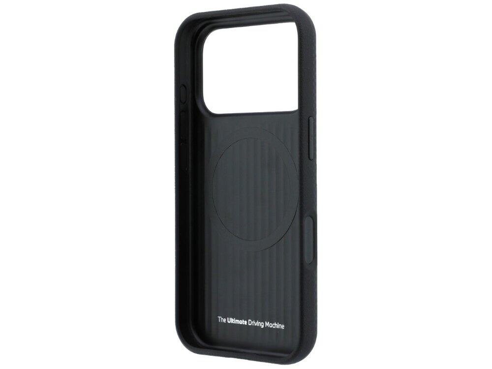 Czarne etui na telefon z dużym otworem na aparat i tekstem \'The Ultimate Driving Machine\' na dole. Wewnątrz widoczny jest okrągły wzór, prawdopodobnie miejsce na MagSafe.