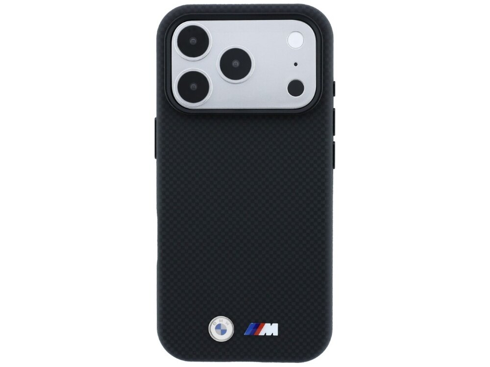 Czarne etui z teksturą, z trzema dużymi otworami na aparat i logo \'M\' oraz okrągłym logo BMW na dole.