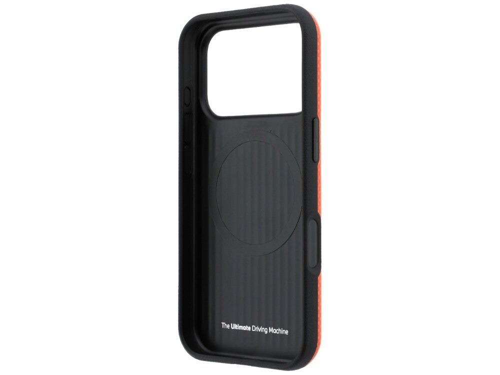 Etui na telefon w kolorze pomarańczowym z czarnym wnętrzem, posiada duży otwór na aparat i napis \'The Ultimate Driving Machine\'.