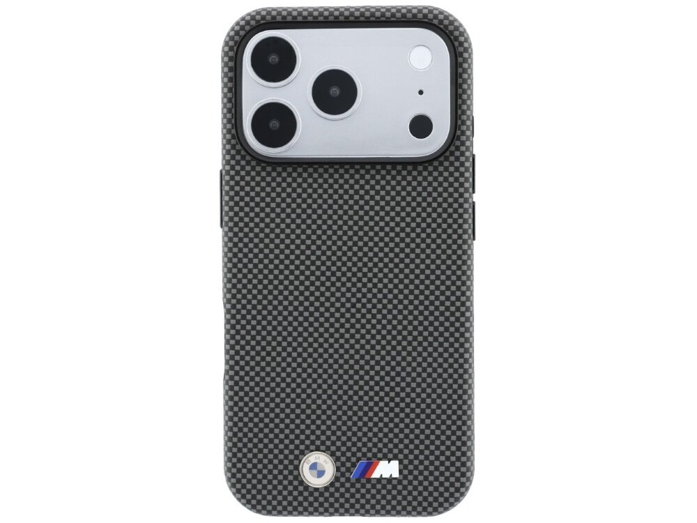 Etui na telefon z szarym wzorem przypominającym kevlar, z trzema otworami na aparaty. Na dole widoczne jest logo BMW oraz kolorowe logo M.