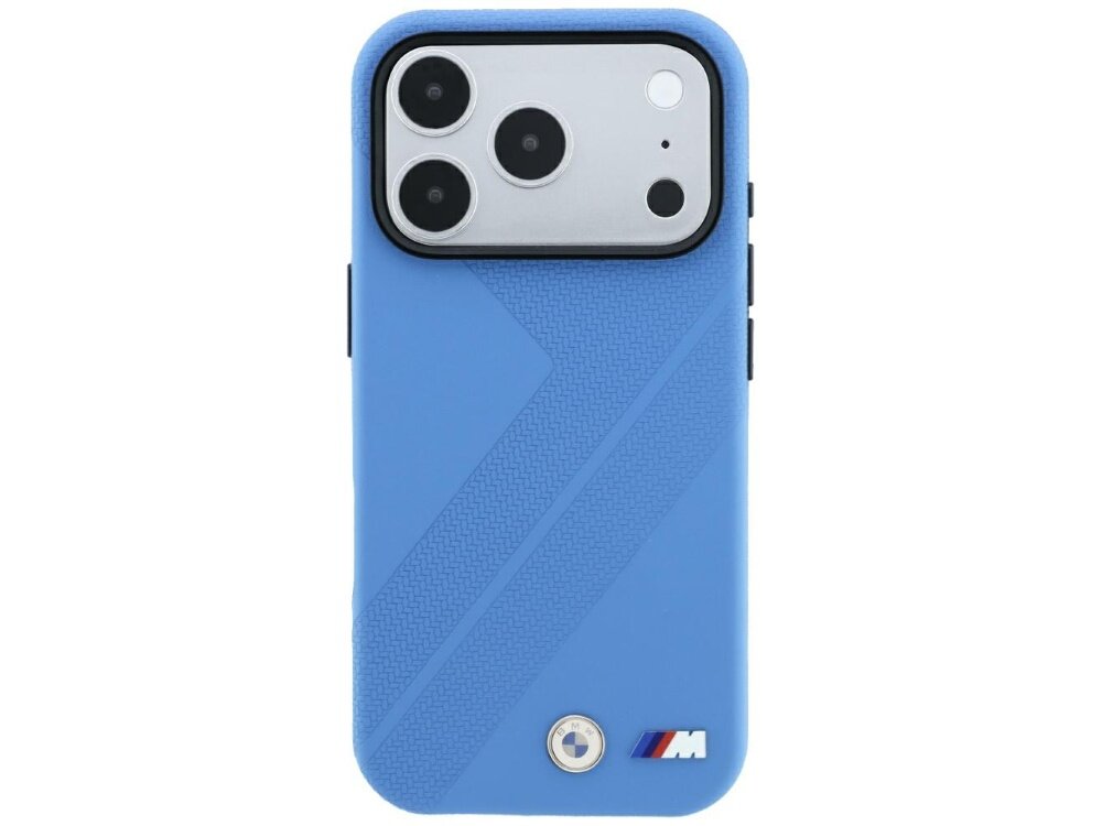 Niebieskie etui na telefon z trzema dużymi otworami na aparaty i logo \'M\' w dolnej części. Etui ma teksturowany wzór w kształcie litery V.