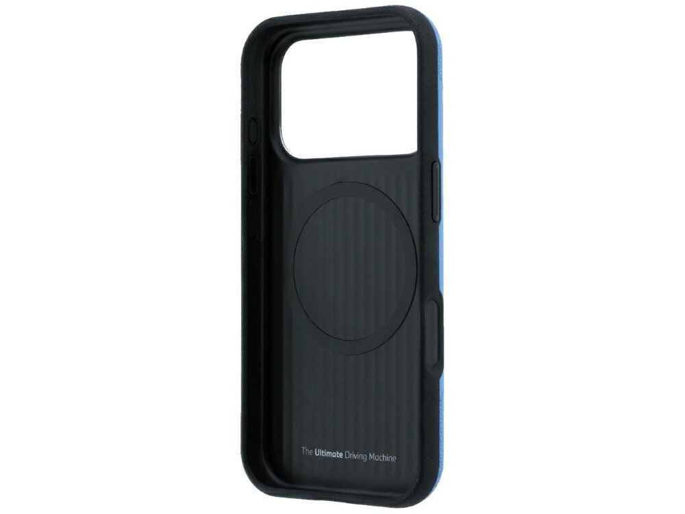 Etui na telefon w kolorze niebieskim z czarnym wnętrzem, posiada okrągły wzór na środku. Na dole widoczny jest napis \'The Ultimate Driving Machine\'.