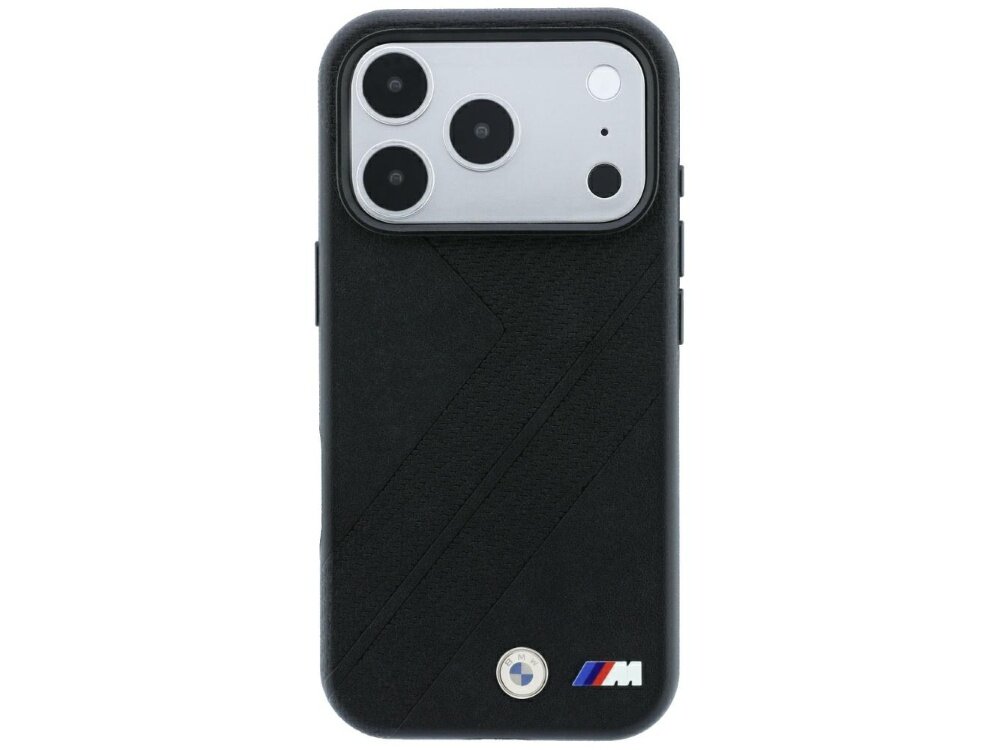 Czarne etui na telefon z trzema dużymi otworami na aparaty oraz logo \'M\' w kolorach niebieskim, fioletowym i czerwonym na dole. Etui ma teksturę przypominającą ślad opony.