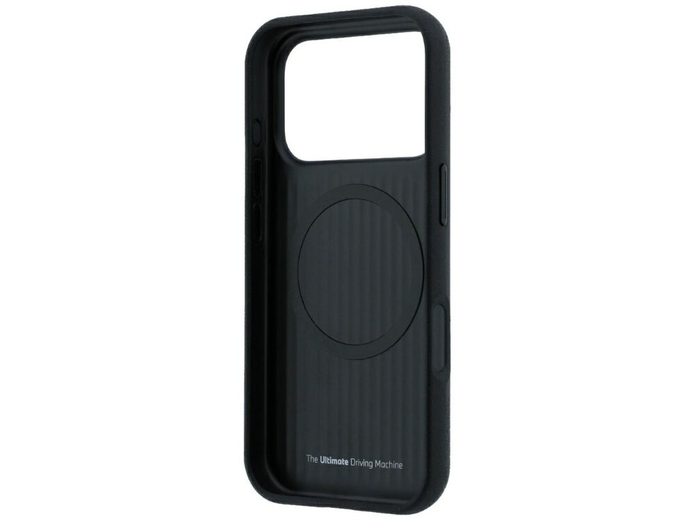 Czarne etui na telefon z okrągłym wzorem na środku i napisem \'The Ultimate Driving Machine\' na dole. Etui ma wycięcie na aparat i przyciski boczne.