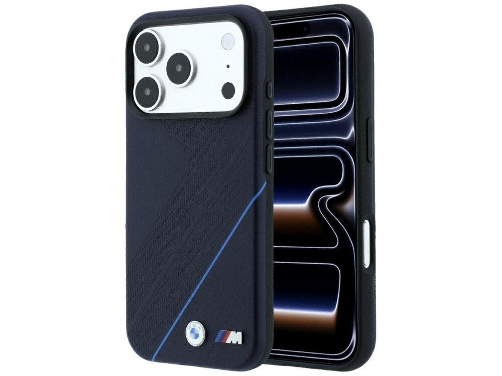 Granatowe etui na telefon z niebieską linią i logo M na dole. Widoczne są trzy duże otwory na aparaty oraz przyciski boczne.