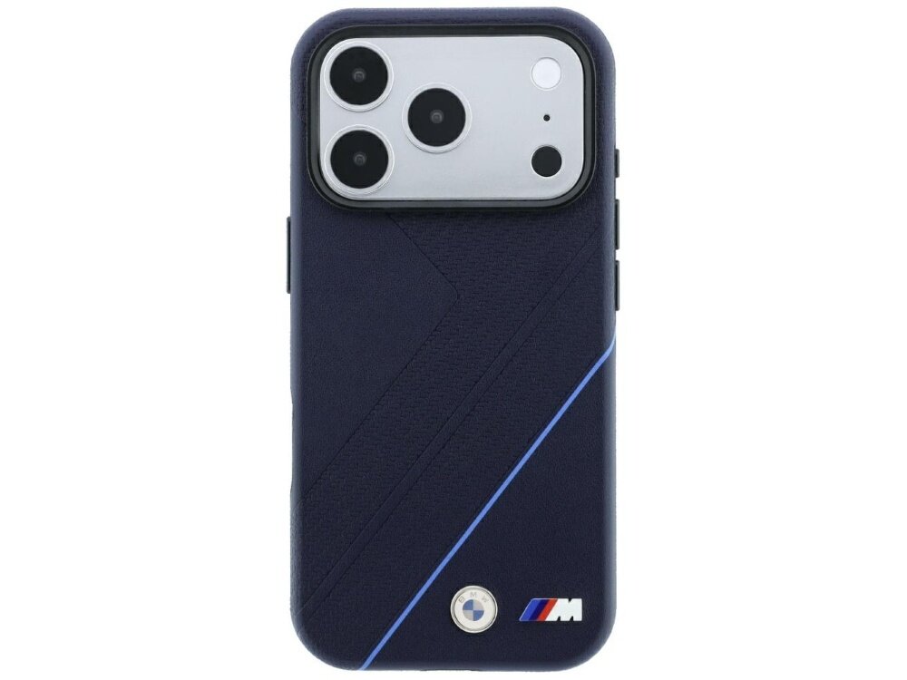 Granatowe etui na telefon z trzema dużymi otworami na aparaty i jednym mniejszym. Na dole widoczne jest logo z literą \'M\'.