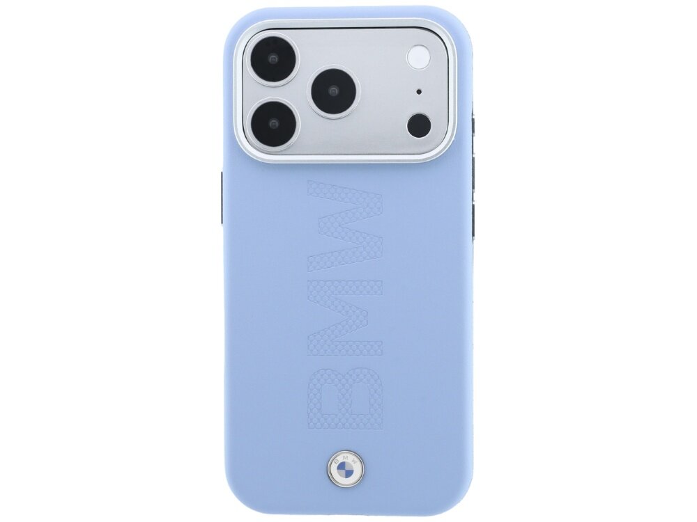 Niebieskie etui z wytłoczonym napisem \'BMW\' oraz logo BMW na dole, przeznaczone do telefonu z trzema aparatami i lampą błyskową.