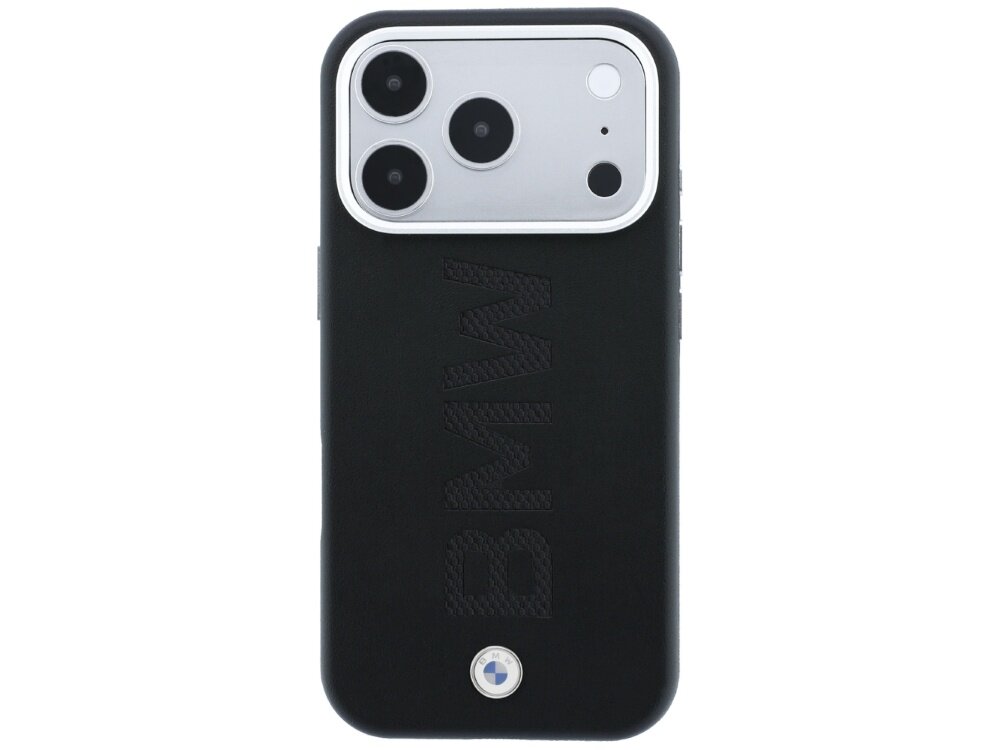 Czarne etui z wytłoczonym napisem \'BMW\' oraz logo BMW na dole. Etui jest przeznaczone do telefonu z trzema dużymi obiektywami aparatu.