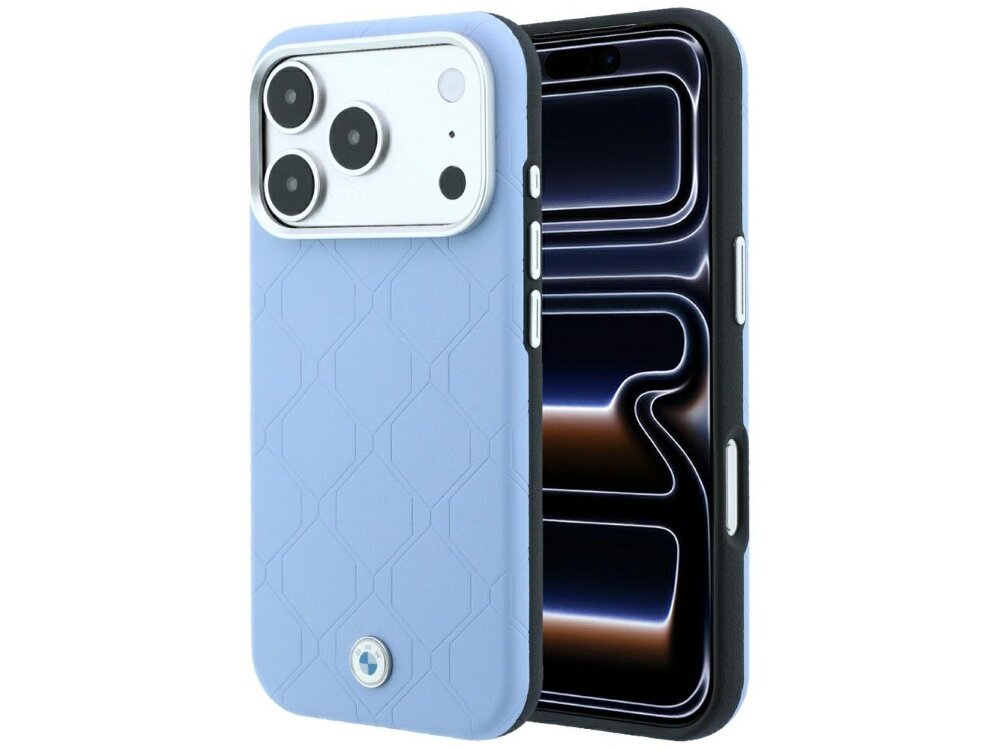 Niebieskie etui na telefon z geometrycznym wzorem i metalowym logo na dole. Widoczne są trzy duże otwory na aparaty oraz przyciski boczne.