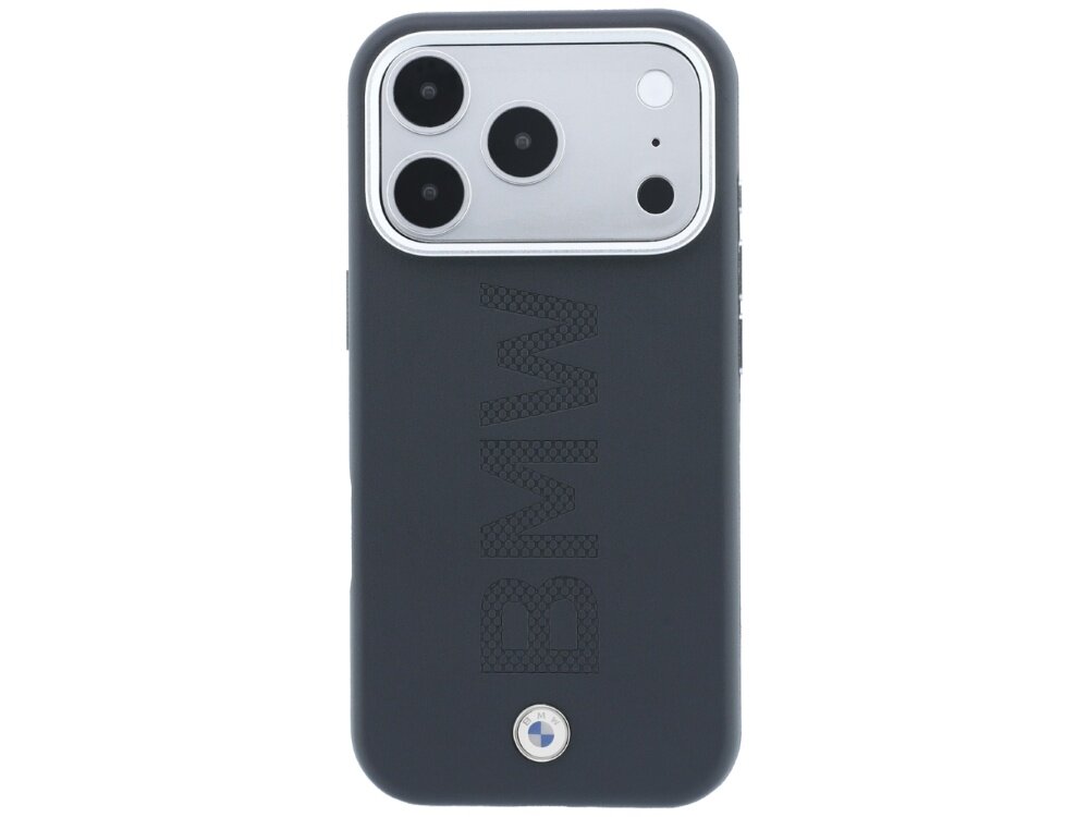 Szare etui na telefon z dużym napisem \'BMW\' i logo BMW na dole. Etui posiada wycięcia na trzy obiektywy aparatu i dodatkowe otwory na inne elementy telefonu.