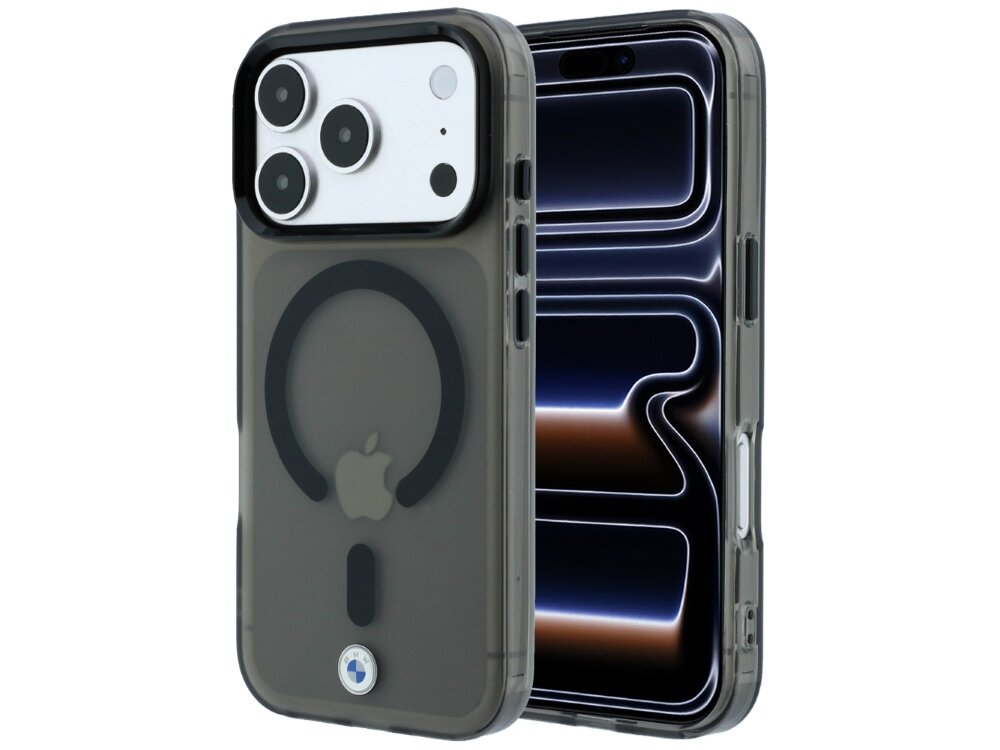 Obraz przedstawia czarne etui na telefon z widocznym logo Apple i okrągłym wzorem MagSafe. Na dole etui znajduje się logo BMW.
